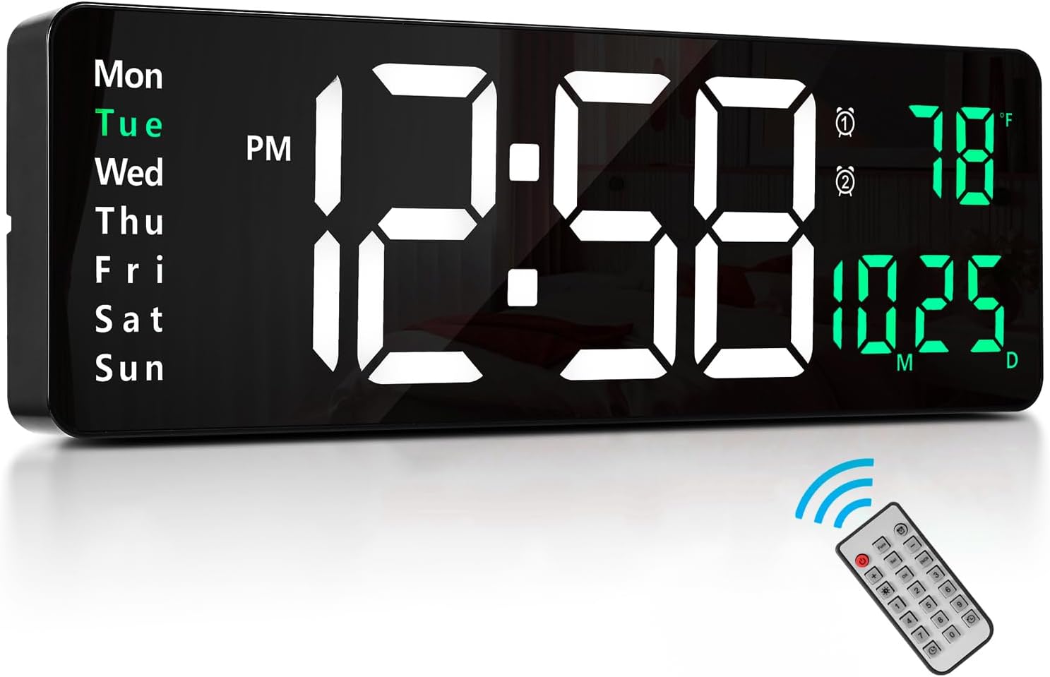 Large-Digital-Wall-Clock - 16.2 Inch Digital Wall Clocks Large Display with Remote Control, 12/24Hr Format, Automatic Brightness Alarm Clock with Temperature, Date, Week-Plastic, Green