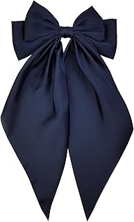 Large Navy Blue Satin Hair Bow Clip for Women Girls Oversized Long Tail Hair Accessory for Everyday Styling, 1-Pack