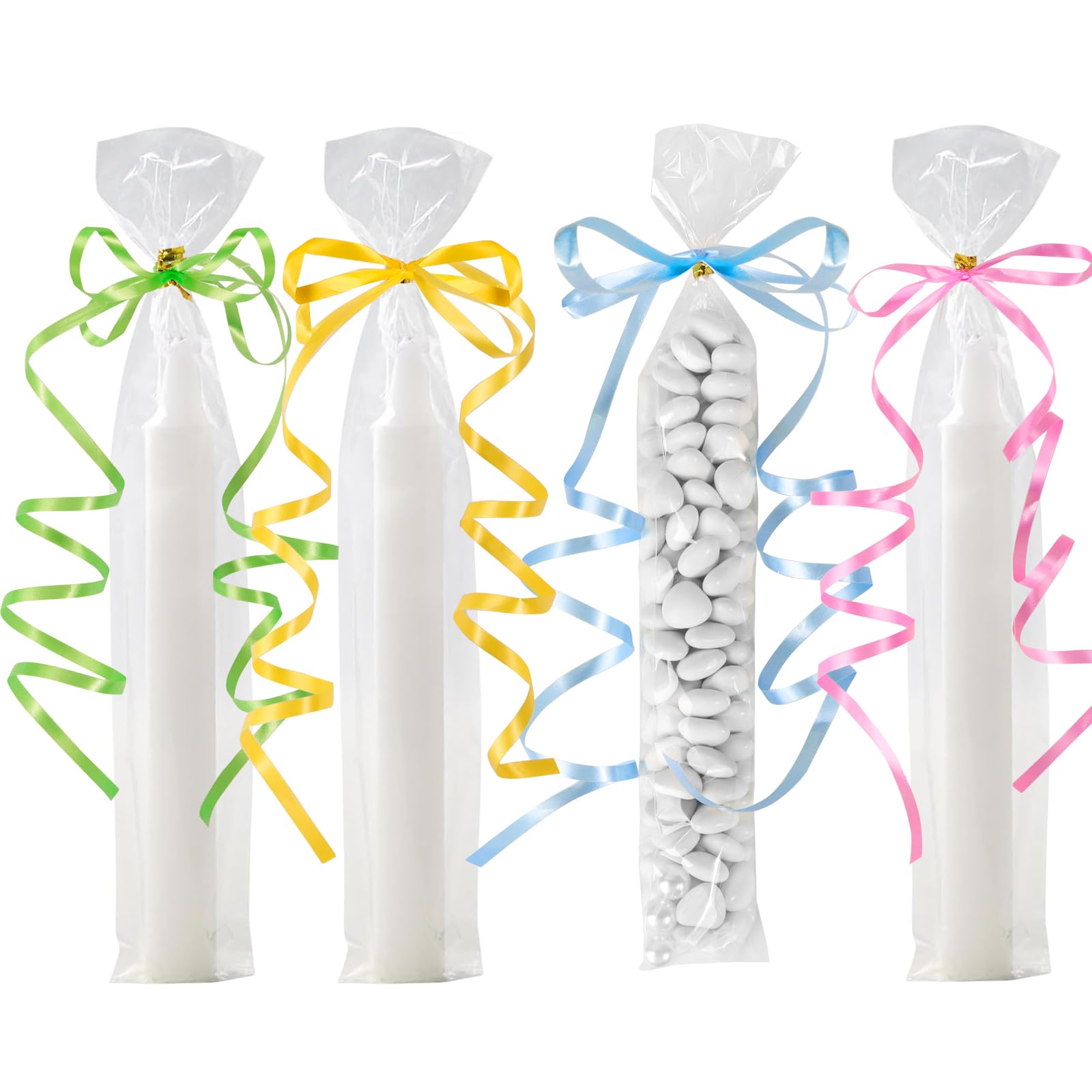 100 Sacchetti Cellophane Pasquali Trasparenti Con 4 Motivi – 12,7x27,9 Cm – Con Fascette Dorate Per Caramelle E Biscotti - 4