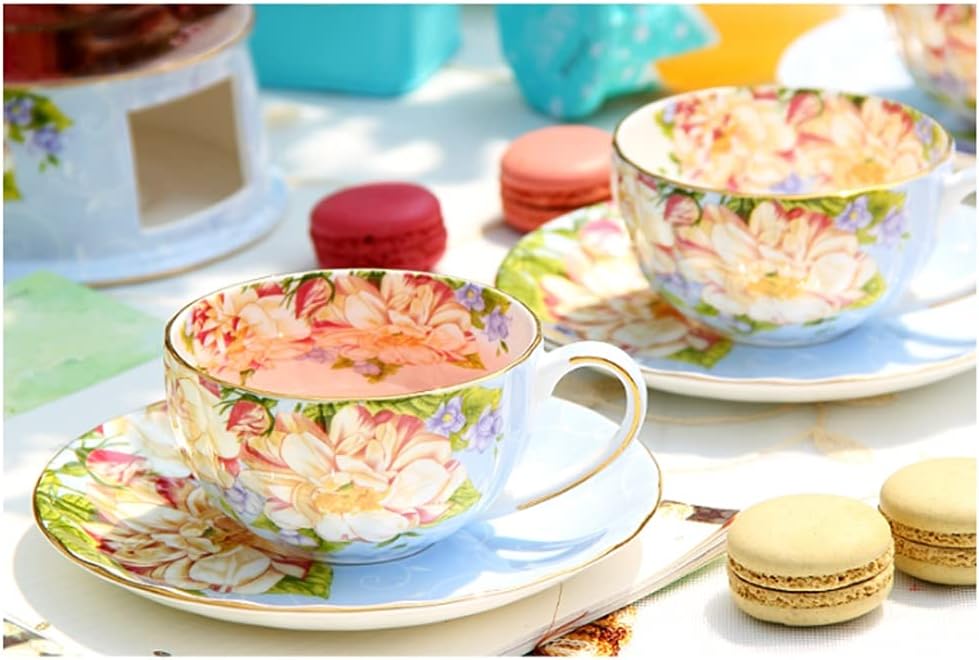 Tea Cup Set Tea Cup Set Ceramic Hand Crafted Porcelain Coffee Tea Cup Sets with 6 Saucer 6 Cups 6 Saucers 1Metal Stand for Tea Party Coffee Cup Set