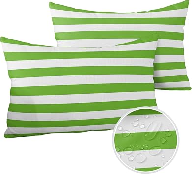 Lumbar Throw Pillow Covers 12x20 Outdoor Waterproof Pillow Covers for Patio Furniture Green White Stripes Decorative Throw Pillow Cover Striped Pillowcases Set of 2 Cushion Case for Sofa Couch Chair