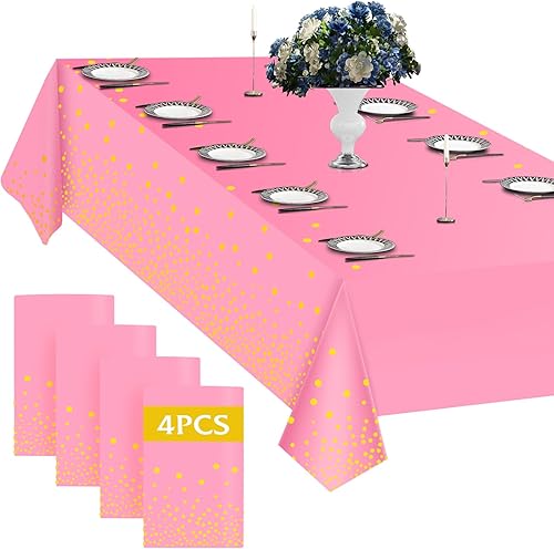 Paquete de 4 manteles de plástico desechables para fiestas, mantel rosa y dorado para mesas rectangulares de 8 pies, cumpleaños, boda, graduación,