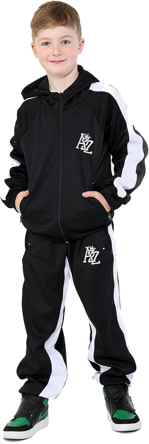 Kids Girls Boys Tracksuit Contrast Panel Fleece Hooded Top Bottom Gym Sportswear