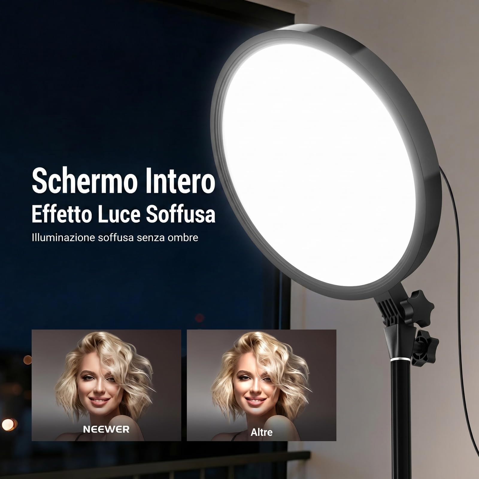NEEWER BASICS Ring Light Grande da 13" 45W con Supporto 66", Luce Pannello LED a Schermo Intero 3000K-6500K CRI95+ con Porta Telefono/Telecomando per Video Selfie Streaming Trucco Studio Foto, BR45B