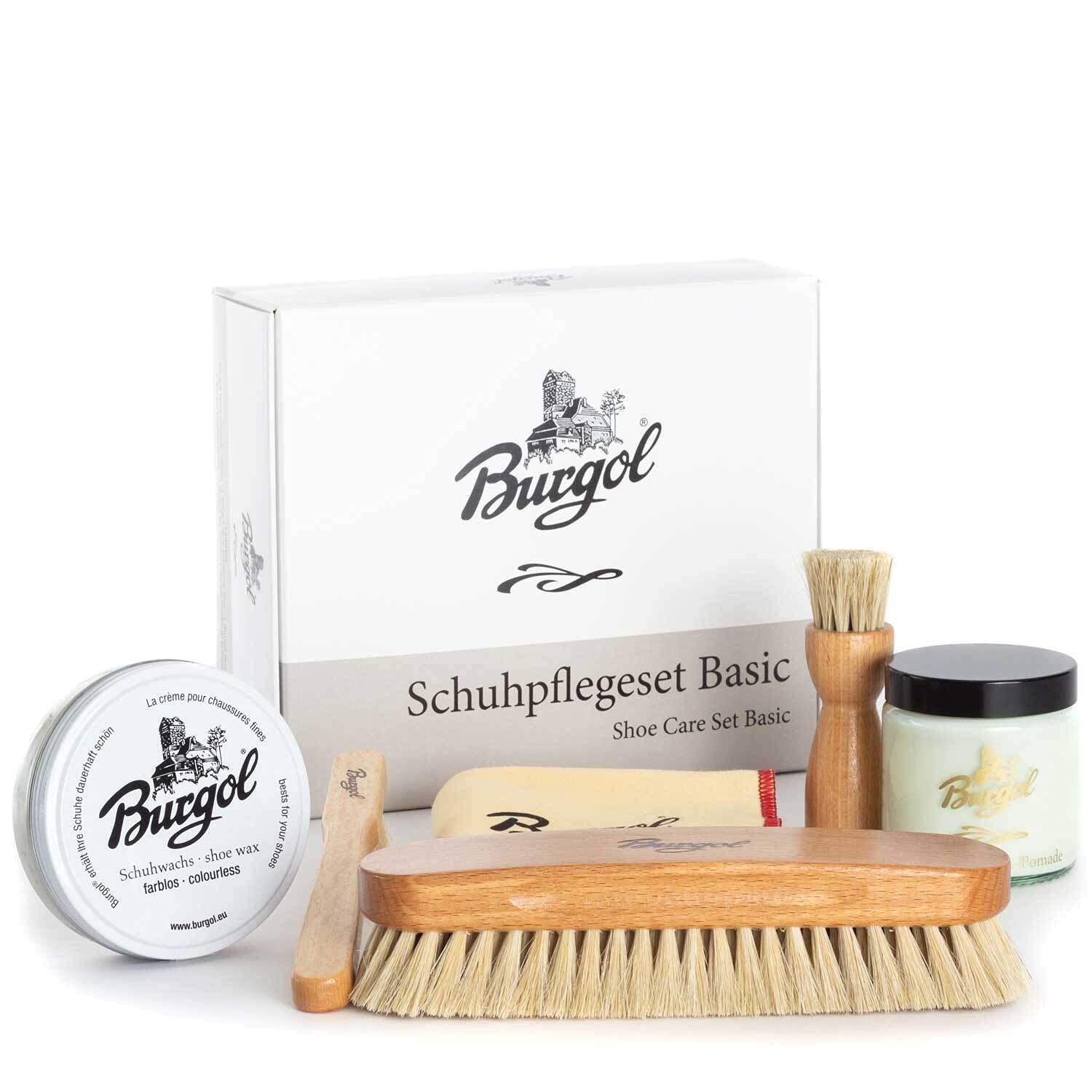 Burgol Set per la cura delle scarpe Basic con pomata per scarpe, cera, spazzole per capelli di cavallo e panno lucidante: colore: incolore, neutro, 34-50