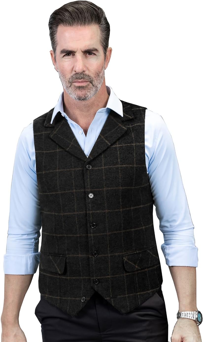 SOLOVEDRESS Mens Western Vintage Tweed Suit Vest Casual Wool Blend Waistcoat for Party Size small