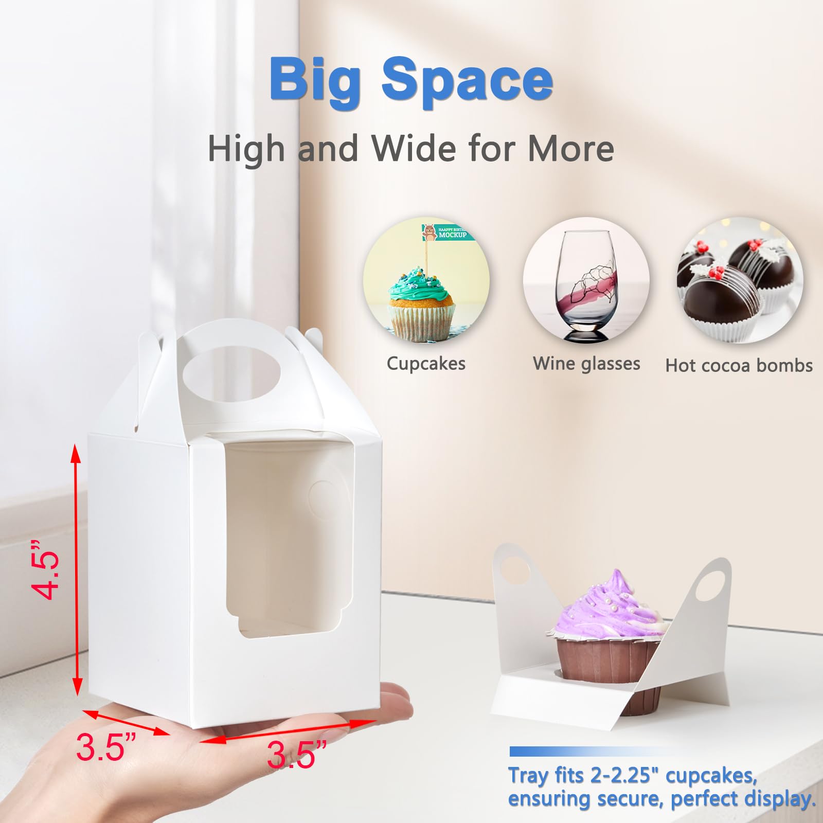 100 Pcs White Kraft Cupcake Boxes With Window - 3.7"x3.7"x4.3" | Portable Bakery Boxes With Inserts