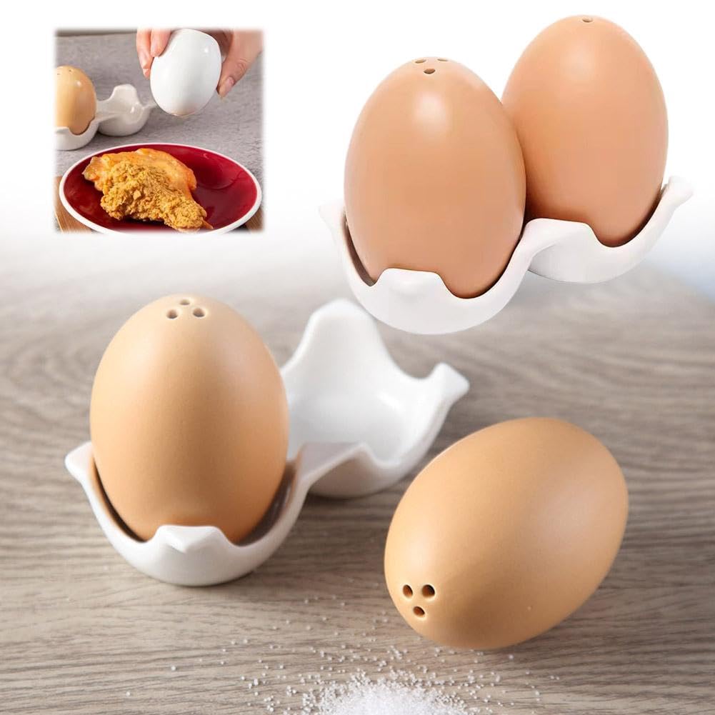 Ensemble salière et poivrière en céramique en forme d'œuf, pot à épices amusant, mini shaker marron en forme d'œuf avec support de support pour épices de cuisine