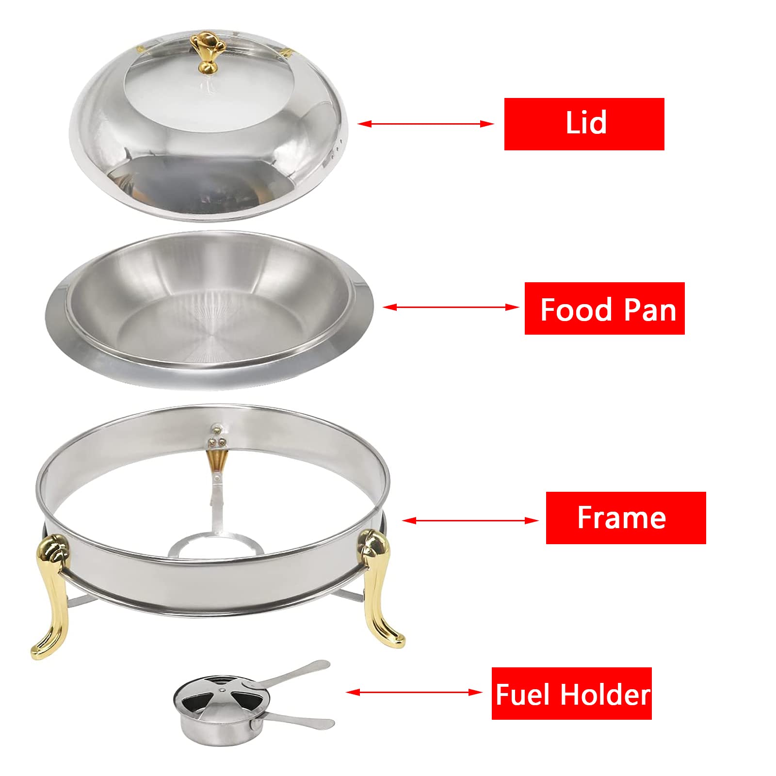 Scaldavivande per Buffet Rotondo con Coperchio Visibile, Scaldavivande per Buffet in Acciaio Inossidabile con Vaschette per Alimenti E Porta Carburante per Catering Feste (Confezione da 2)