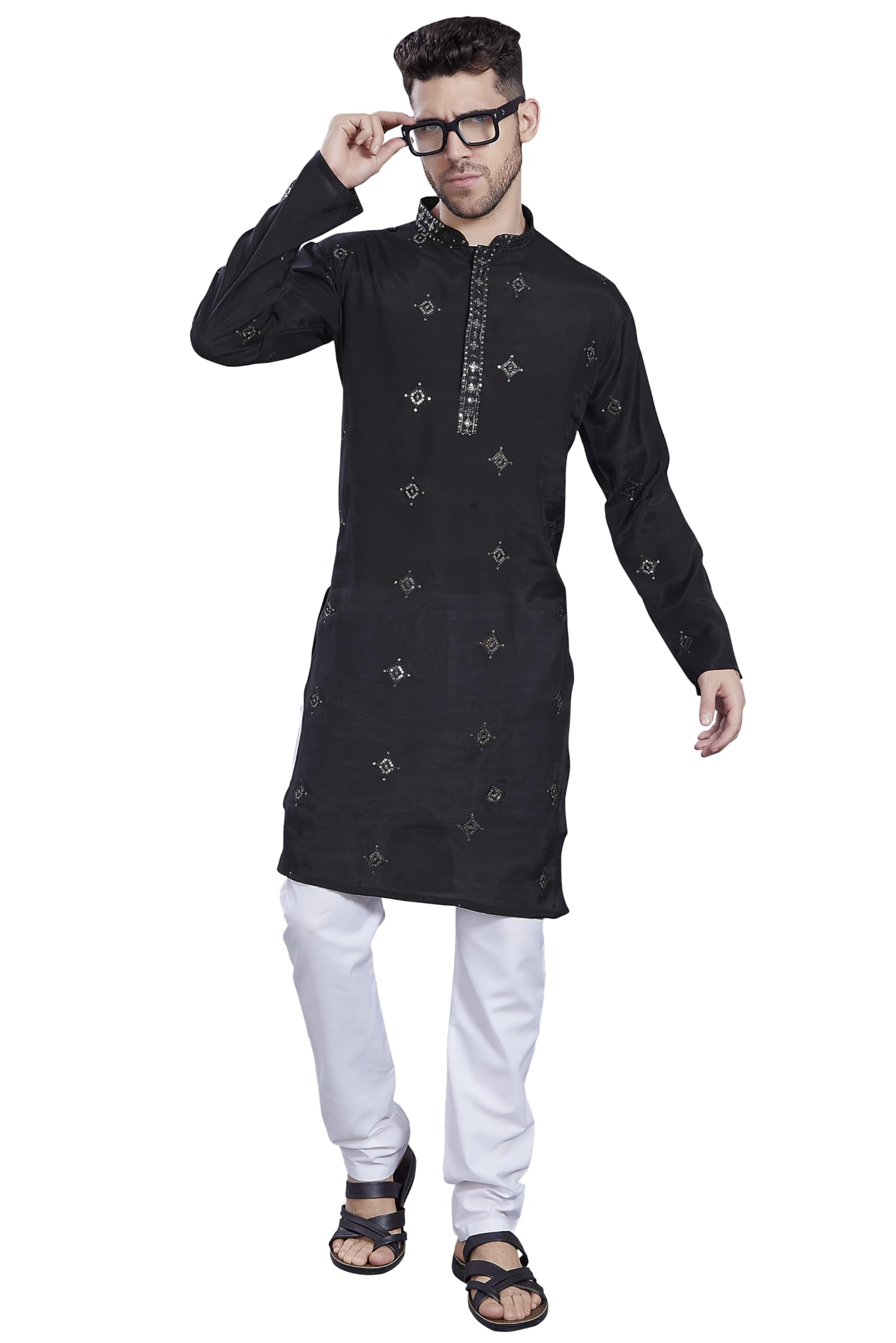 Divisive Men's Embroidered Silk Blend Only Slim Fit Kurta (Dkrt821_Xl_Black)