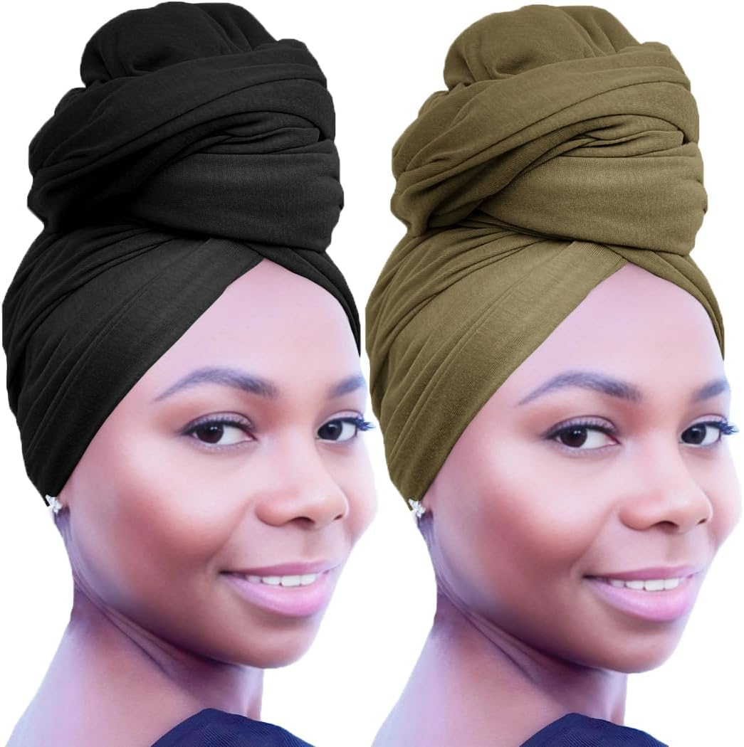 2PCS Head Wraps for Women Turban Headwraps Hair Scarves Long Large Lightweight Soft Headscarf Headband Wide Hijabs