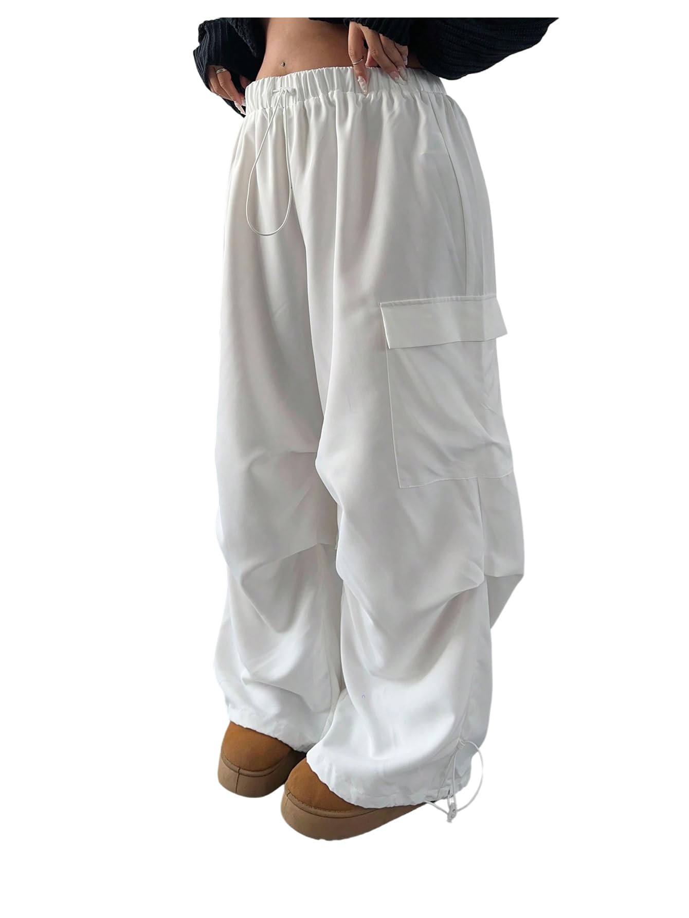 Womens Plus Size Cargo Pants Drawstring Waist Wide Leg Loose Parachute Trousers with Pockets