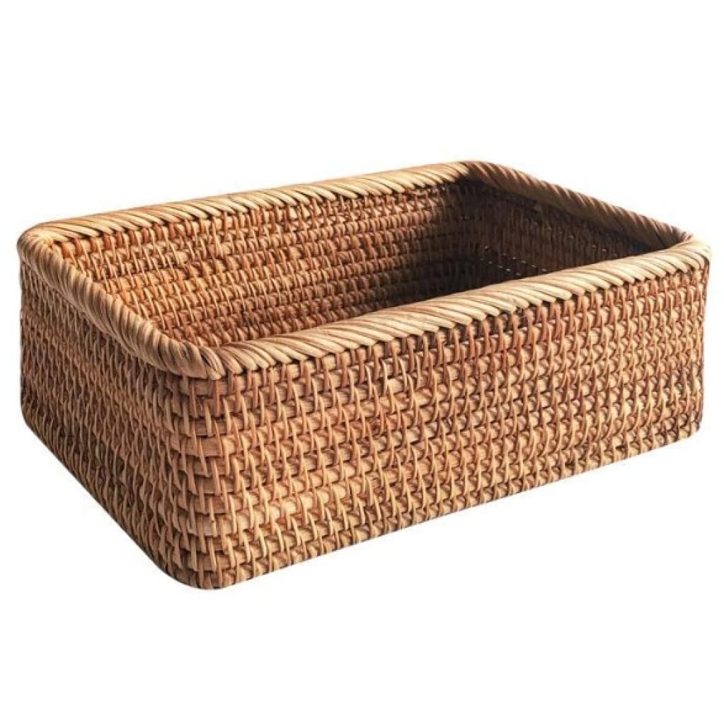 CAKEEYUM Rattan Storage Baskets Rectangle Woven Bread Basket Rectangular Wicker Serving Organizer Tray Rattan Fruit Basket for Kitchen Countertop Bathroom Living Room, Brown Storage, B