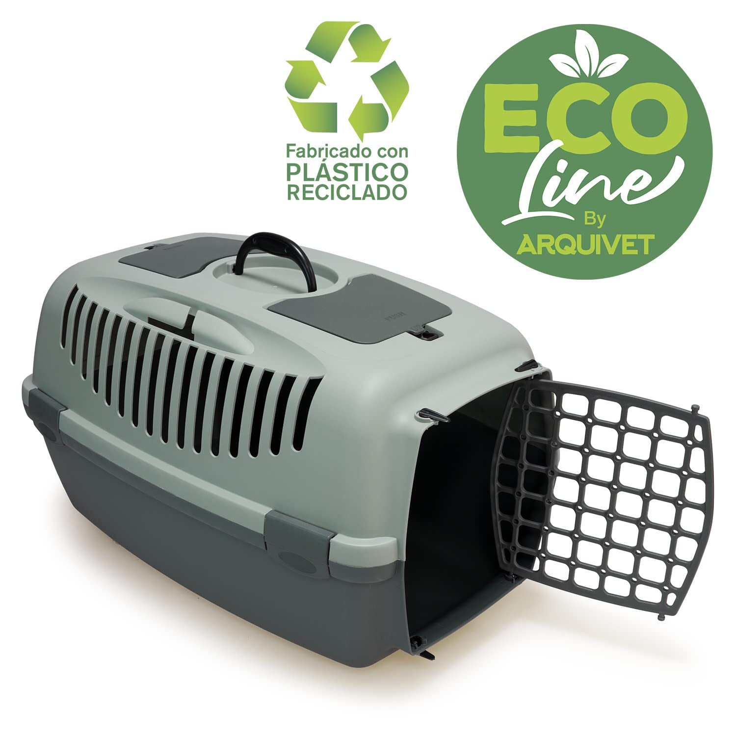 Arquivet Ecoline Trasportino in plastica riciclata per animali domestici - 61 x 40 x 38 cm - con almeno il 90% in plastica riciclata - rigida per cani e gatti con ventilazione, Foggy Green, Grande
