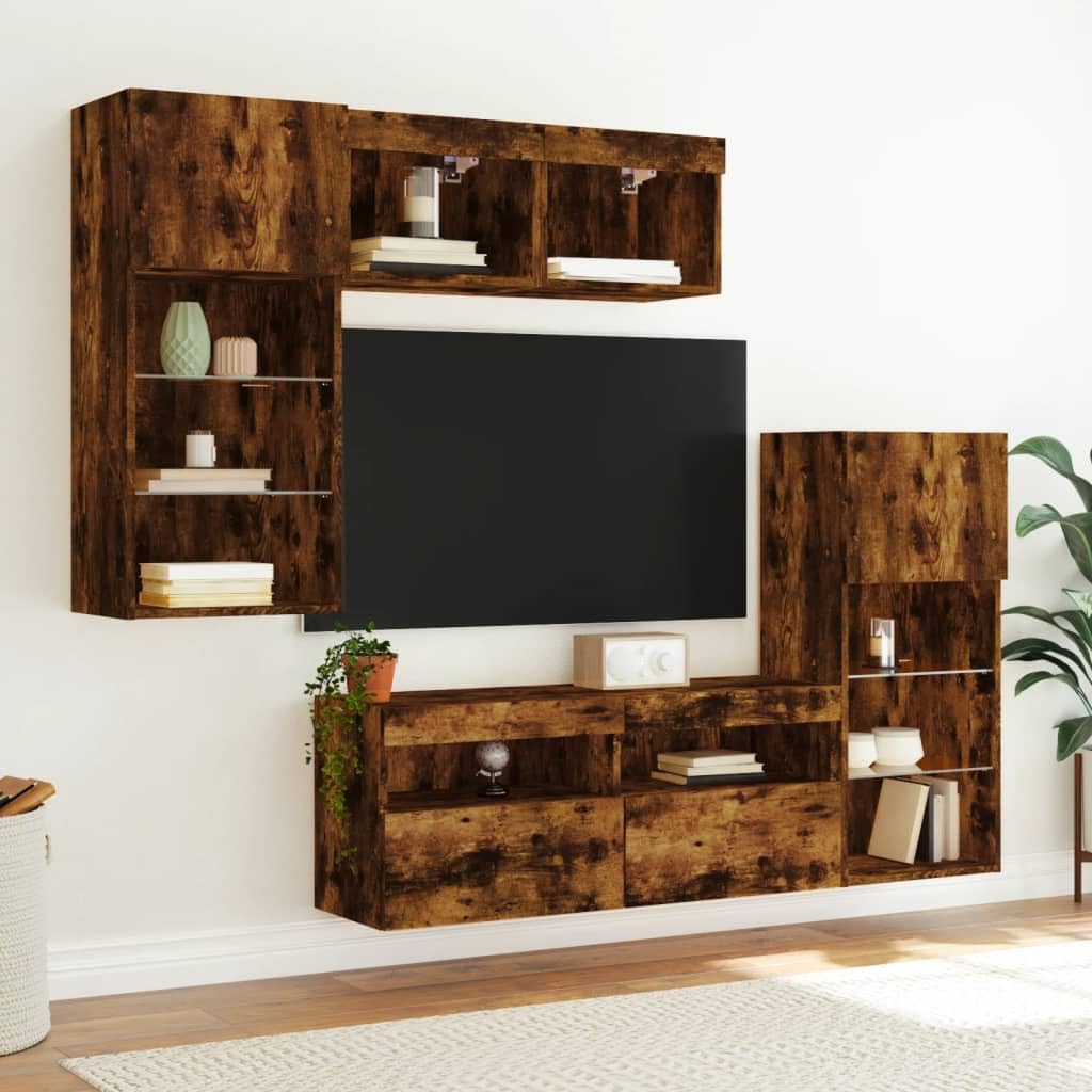 Ścienny zestaw mebli TV z oświetleniem LED RGB, 5-częściowy, w kolorze przydymionego dębu, z szafką pod telewizor i dużą ilością miejsca do przechowywania.