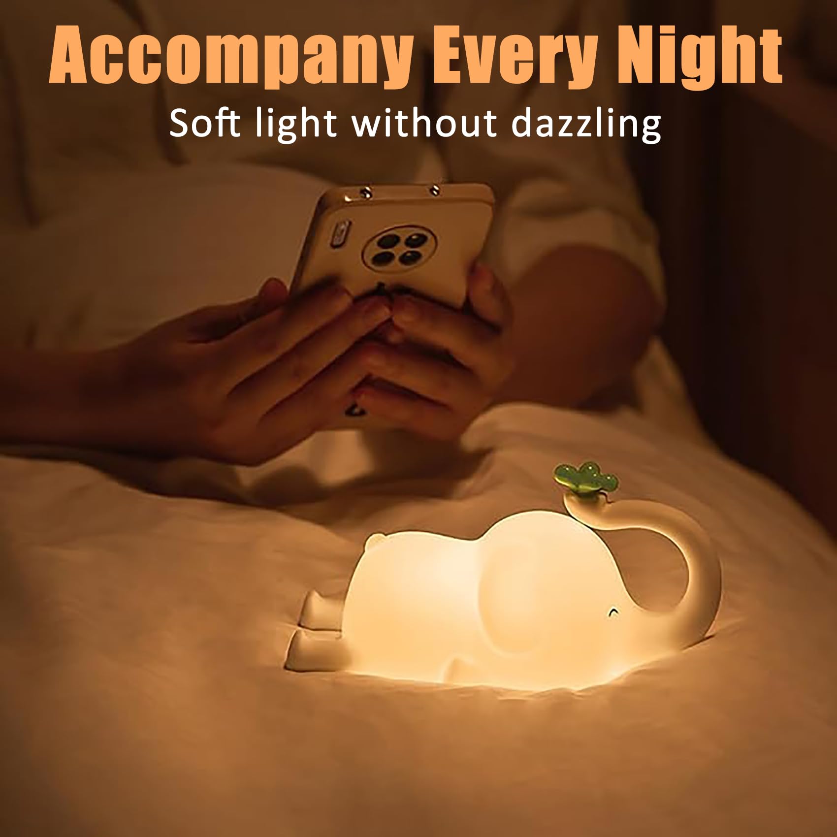Luz Nocturna Infantil Elefante con Temporizador Recargable Luz de Noche Bebé Brillo Ajustable Lámpara Bebé Nochede de Silicona para Niñas Niños (2 Pieza)