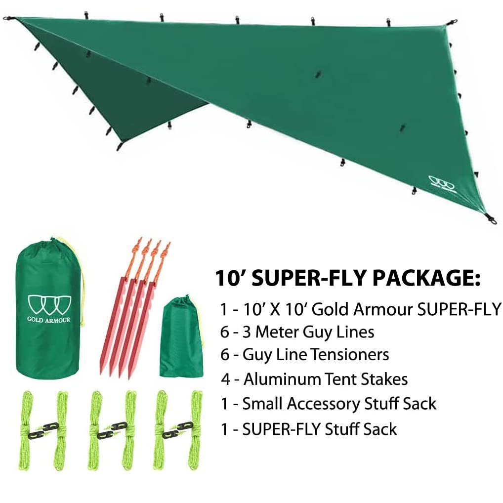 Gold Armour, hamak Rainfly Tarp, Premium 4,5 m, 3,7 m, 3,0 m, 2,4 m, wodoodporny, ultralekki dach kempingowy, wyposażenie survivalowe, sprzęt kempingowy, akcesoria do namiotu, akcesoria kempingowe (zielony, 3 x 3 m)