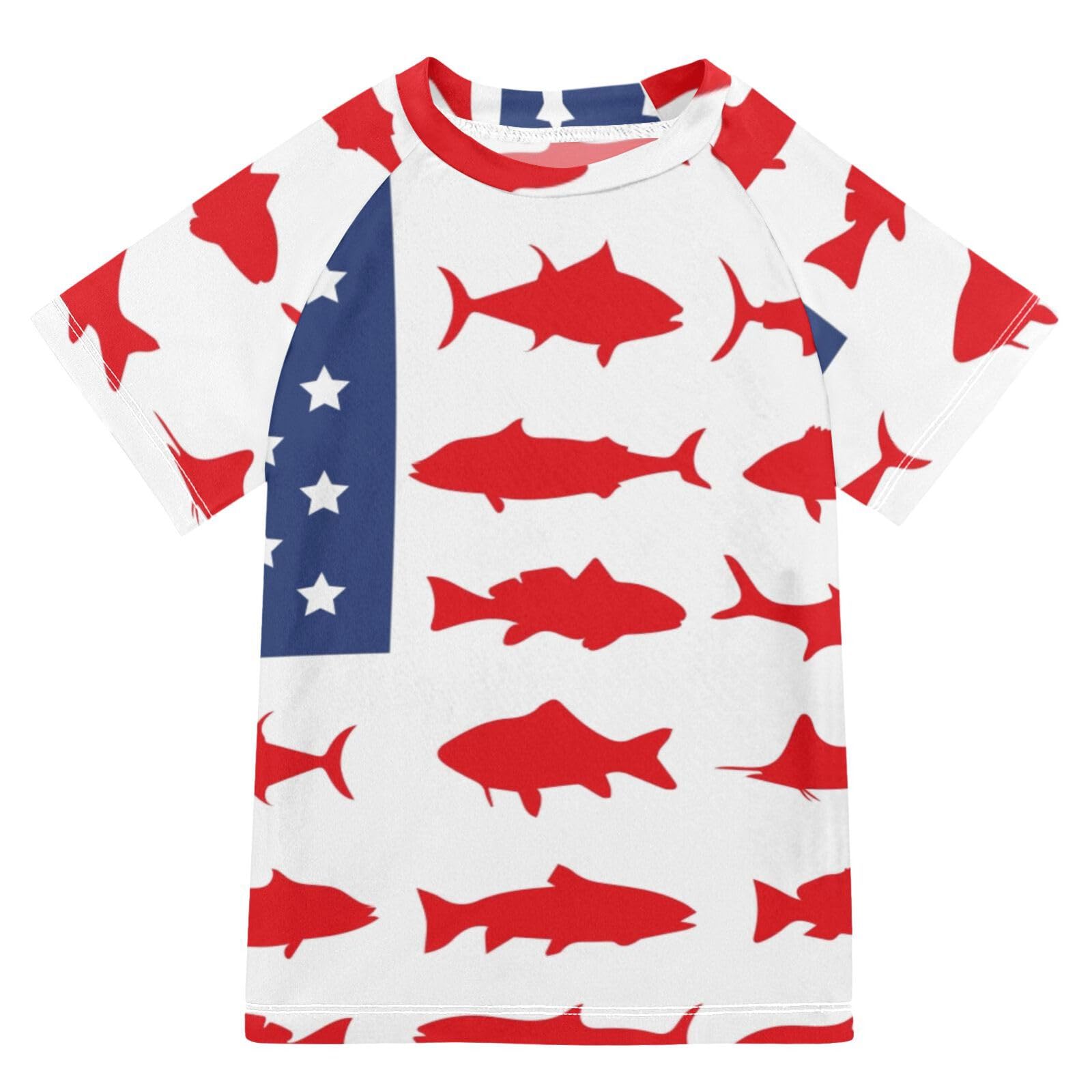 Aflyko 4th of July Kids' Rashguard Swimsuit Shark American Flag Fishing Shirt for Boys Girls Beach Playwear Summer Trip Vacation Beach Traveling UV Sun Protection Cool Tops, 9-10T