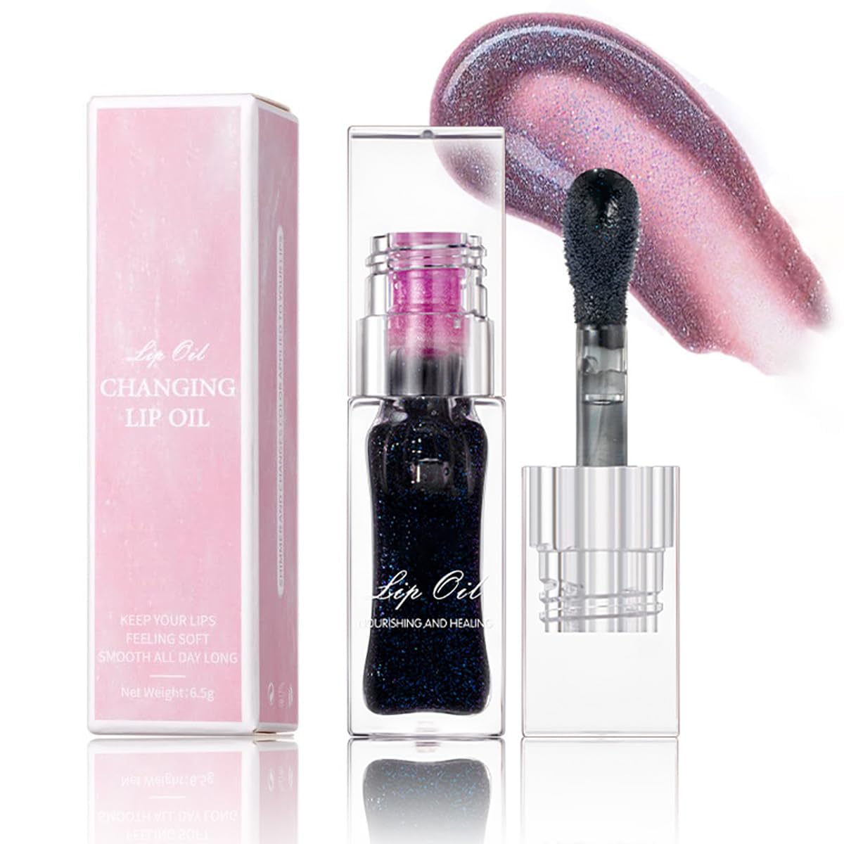Magic Color Changing Lip Oil Ph, Glitter Lip Gloss, Upgraded Big Brush Head Moisturizing Long Lasting Nourishing Lip Glow Oil Non-Sticky Primer Lip Tint (# 05, 0.3 Oz)
