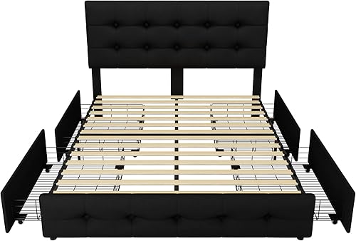 Miniatura 9 de Base de cama de tamaño matrimonial con 4 cajones de almacenamiento y cabecera ajustable, plataforma tapizada con diseño capitoné, soporte de