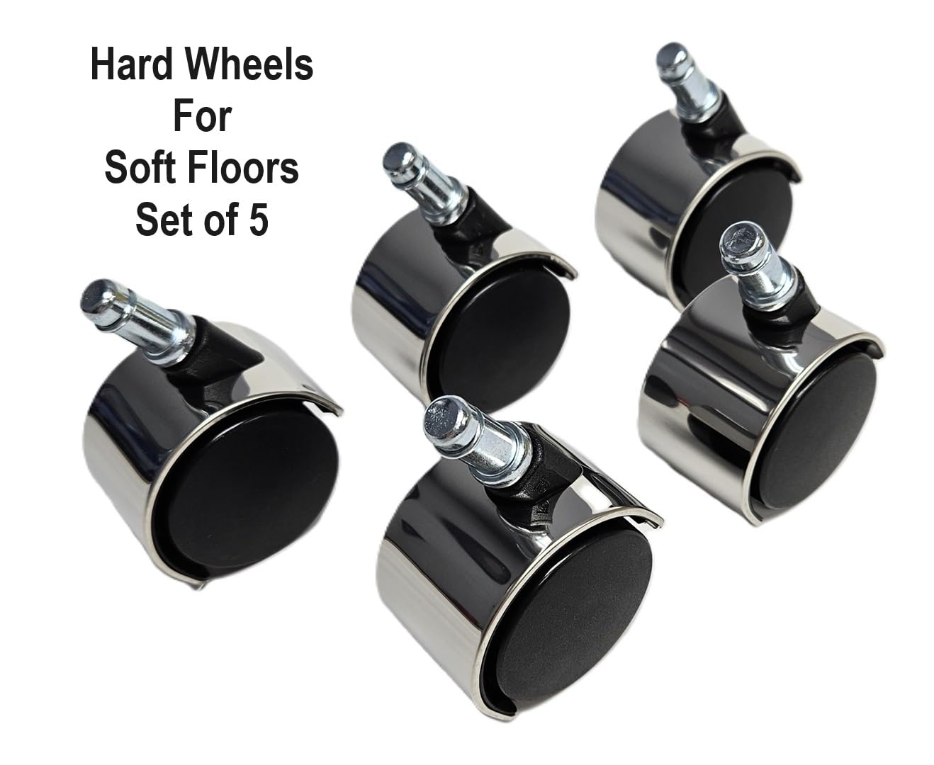 #55C5-2" Chrome Standard Replacement Office Chair Casters Hard Wheels for Soft Floor - Set of 5 - Standard Size Stem 7/16 Inch Dia x 7/8 Inch Long.