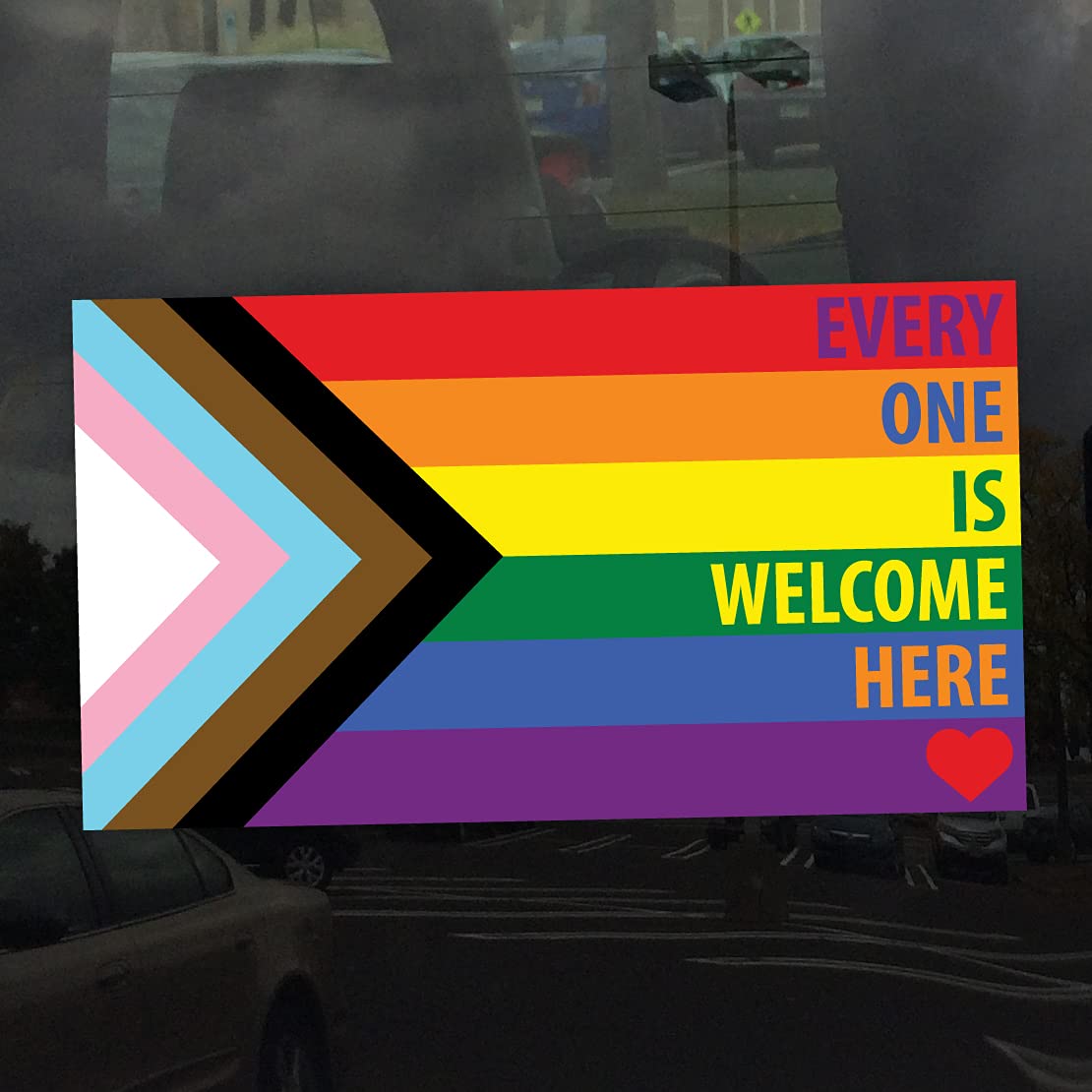 Rainbow Every One is Welcome Here Progress Pride Flag LGBTQ POC Transgender Flag - Vibrant Static Cling Window Cling - 6 inches