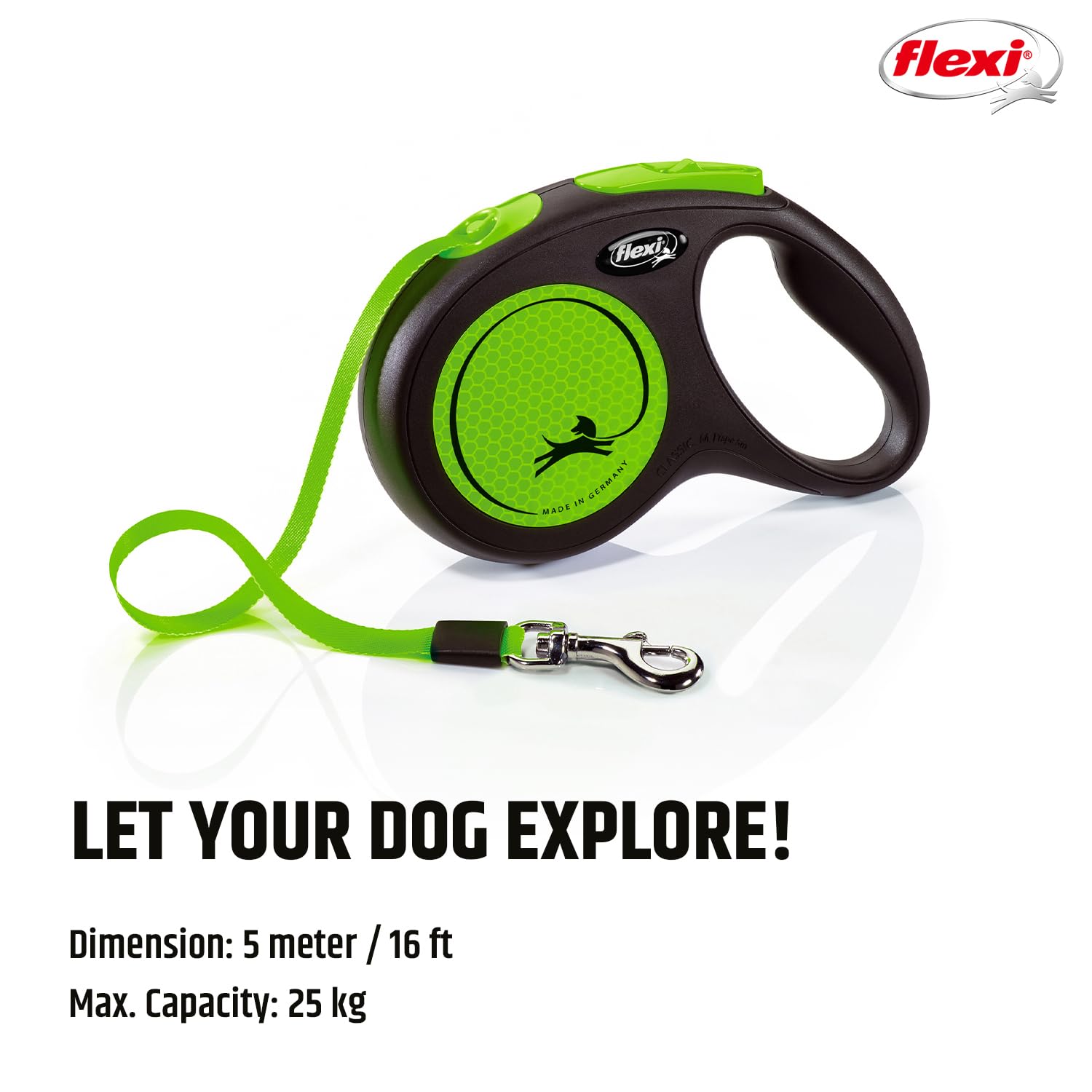 Flexi New Neon Tape Dog Leash, Retractable Dog Lead with One-Hand Brake System, Anti-Slip Grip Handle, Durable Tape Design for Small, Medium and Large Dogs, Green, Medium 3
