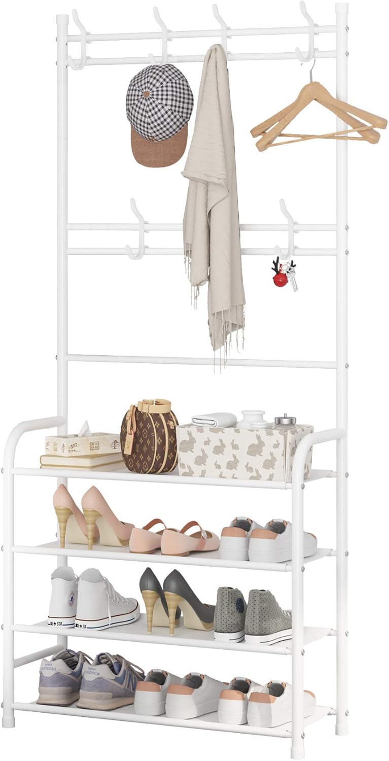 UDEAR Entryway Coat Rack - Large Space, 5-Tier Shoe Storage, Hanging & Storage, 15-20 Pairs, Multifunctional White Hanger