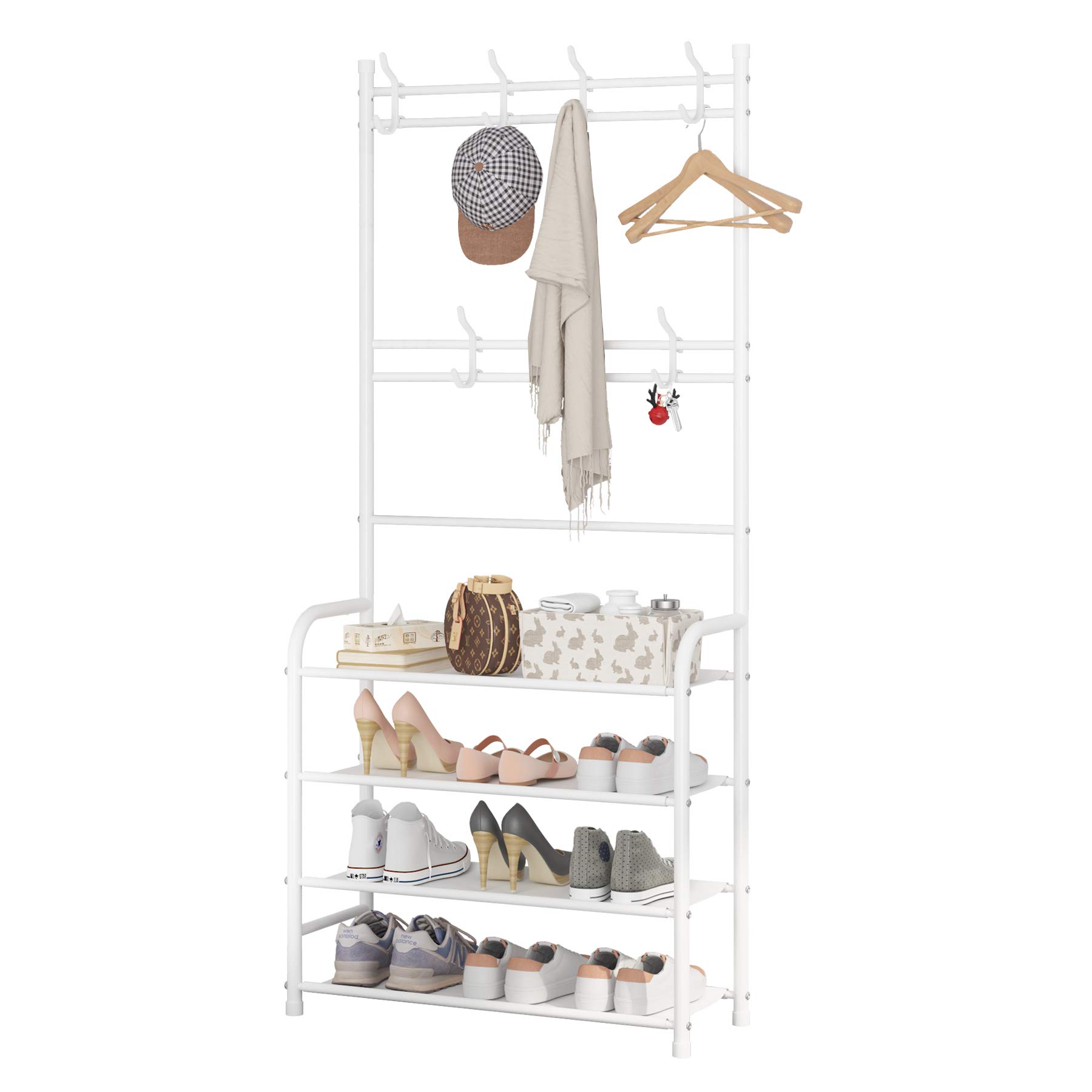 UDEAR Entryway Coat Rack,Hall Tree Storage Shelf,Easy Assembly,with 4-Tier Shelf for Storage Shoes,Clothes,White