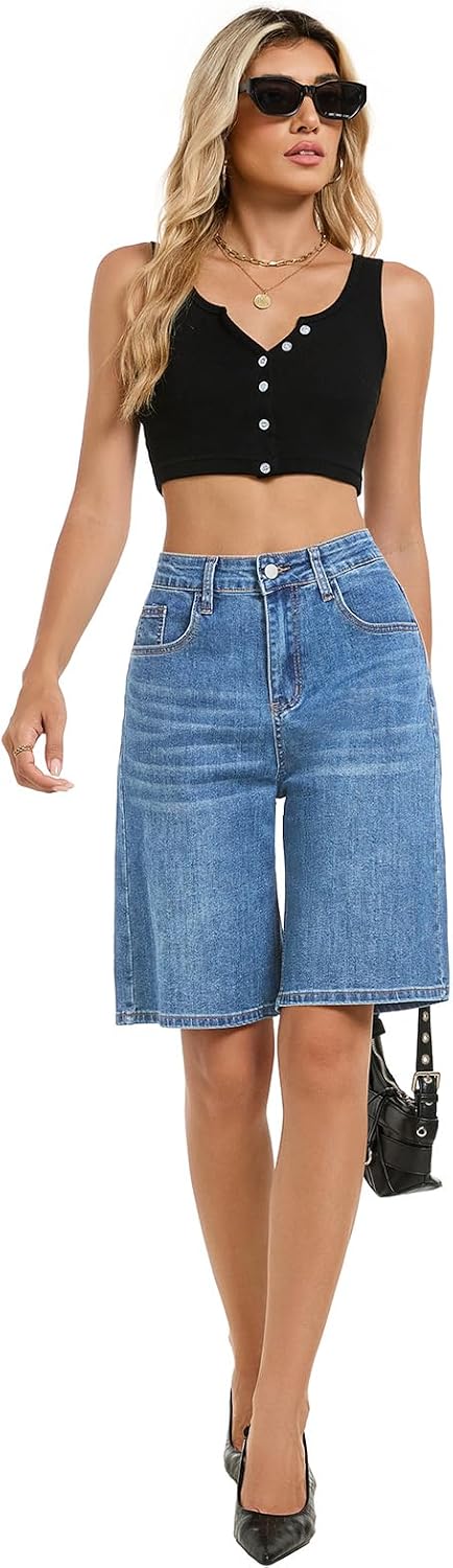 Jean Shorts for Women Long Stretchy High Waisted Denim Bermuda Shorts Baggy Jorts