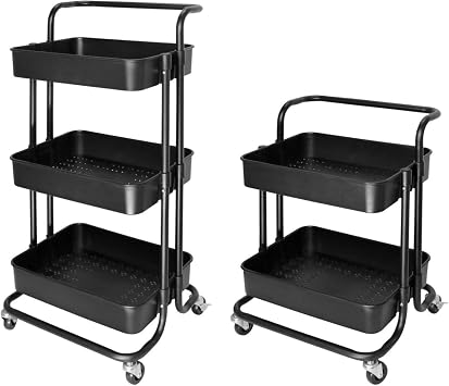 Metal Storage Organizer Cart 3 Tier Storage Basket Stand No Assembly Rolling Cart Fruit Vegetable Kitchen Basket Rack with Handle,Black