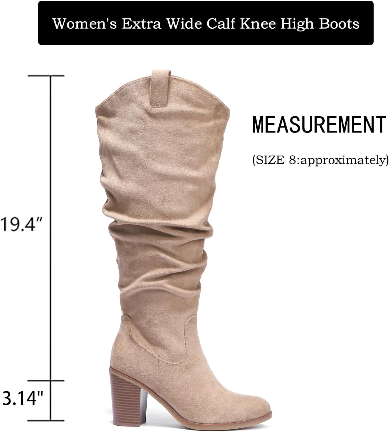 Luoika Women's Extra Wide Calf Cowboy Knee High Boots, Wide Width Cowgirl Slouchy Boots Chunky Pump Heel Plus Size Western Boots. - Image 5