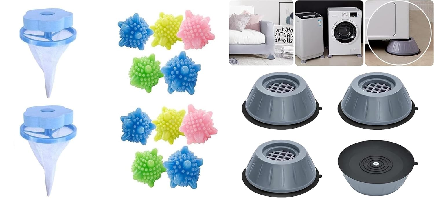 SARNESHWERAM 2 pcs Washing Machine Floating Lint Mesh Bags and Reusable Laundry Dryer Balls Set - Hair Catcher, Lint Trap, and Eco-Friendly Dryer Balls Anti Vibration Pads (4PCS DATT+10BALL+2BAG)