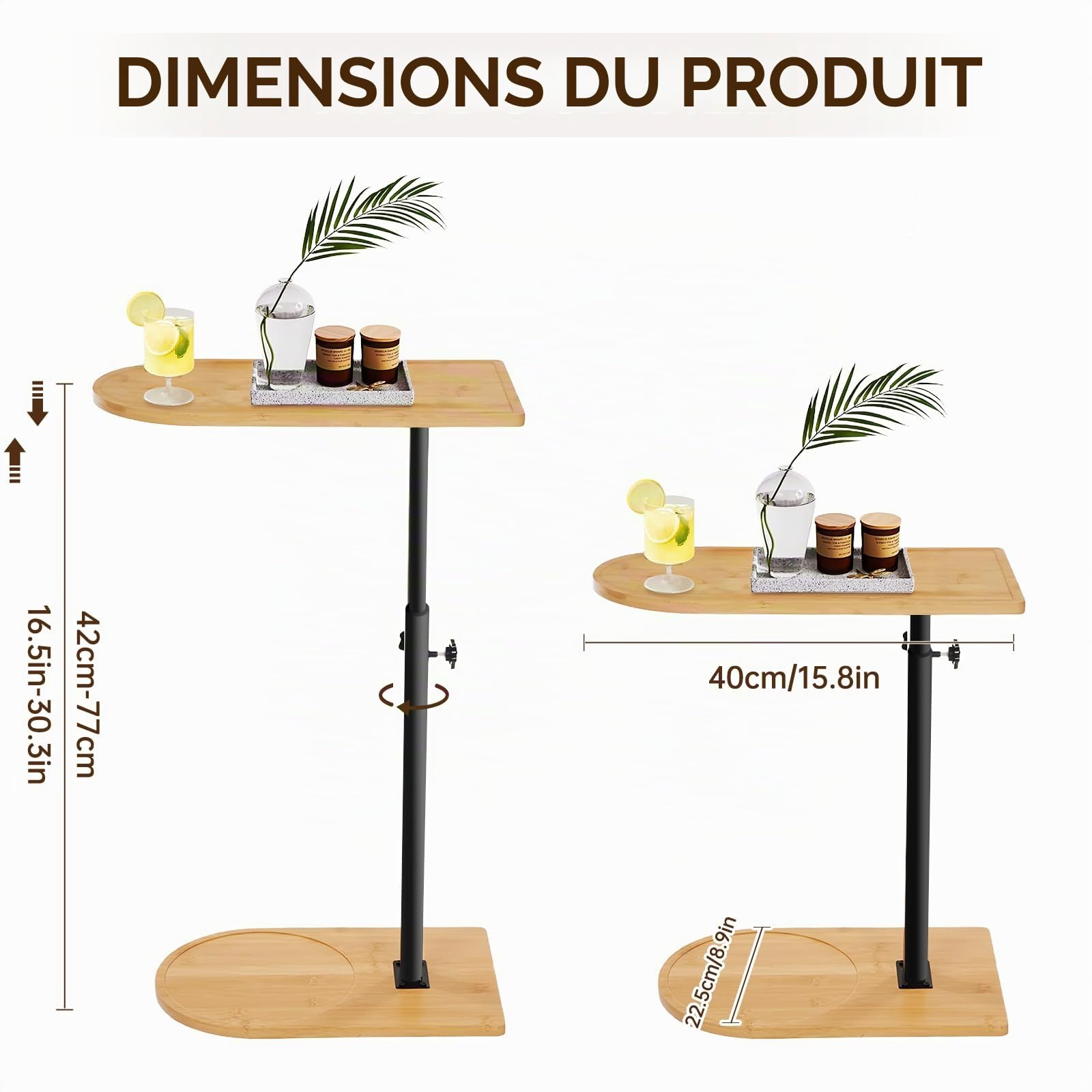 Table d'Appoint en Forme de C Réglable en Hauteur Petite Table Basse Latérale en Bambou et Métal Bout De Canape pour Salon, Salle de Bain, Lit, Canapé et Café (Style 2)