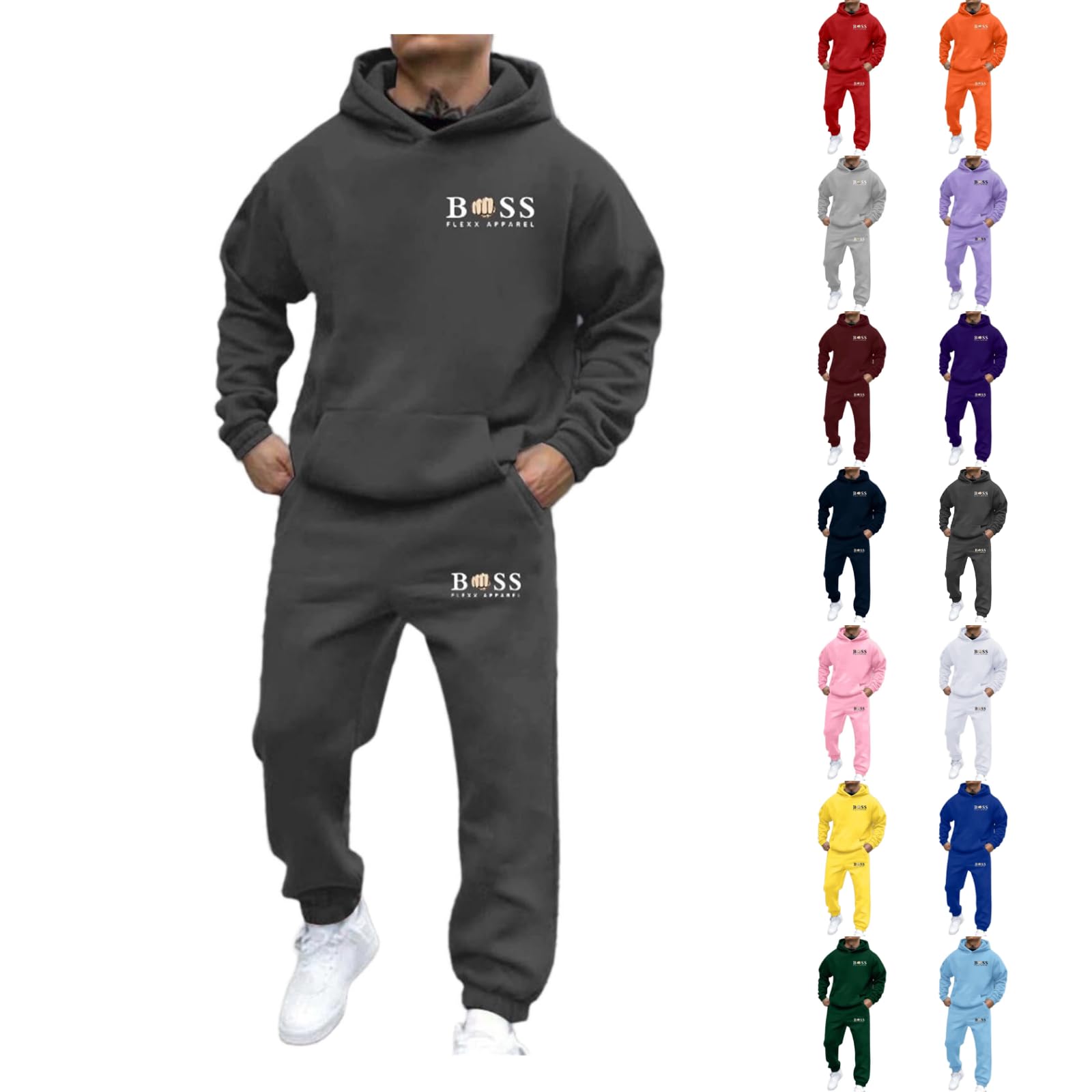Generisch Conjunto de chándal para hombre de 2 piezas, sudadera con capucha y pantalones de jogging, informal, traje deportivo monocolor, aireado con capucha y bolsillos, de algodón, con cordón