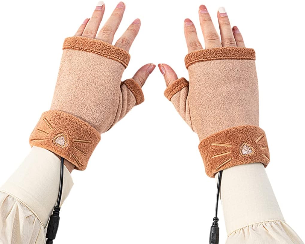 Yihaifu Guantes sin dedos de tela lindo portátil calefacción eléctrica manoplas desmontables hogar Oficina mano regalo, Caqui
