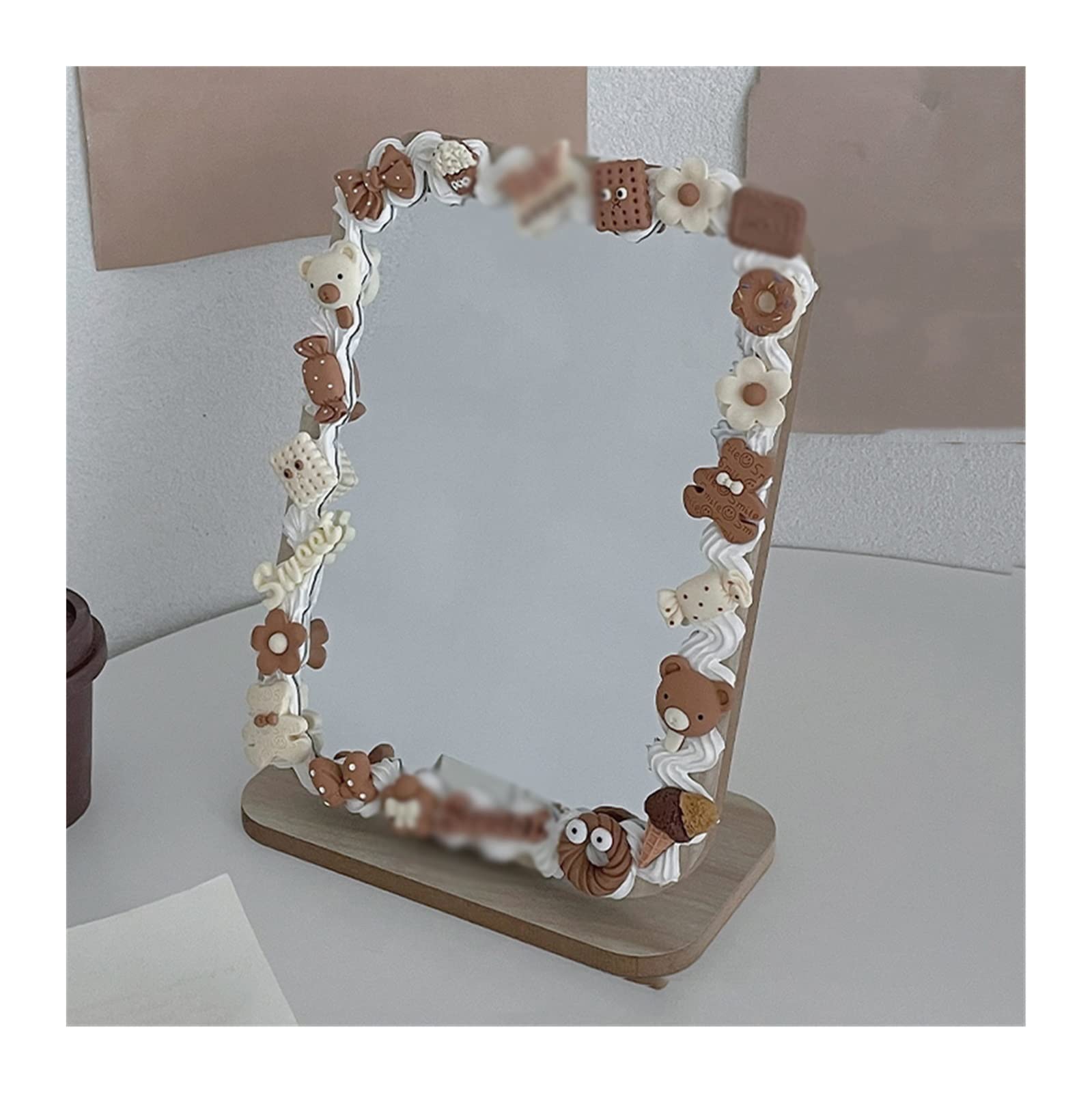 Makeup Mirror Cream Rubber Wood Mirror for Home Small Cosmetic Mirror Bedroom Desk Vanity Mirror Square Wooden Mirror Vertical Portable Vanity Mirror (Cabbage