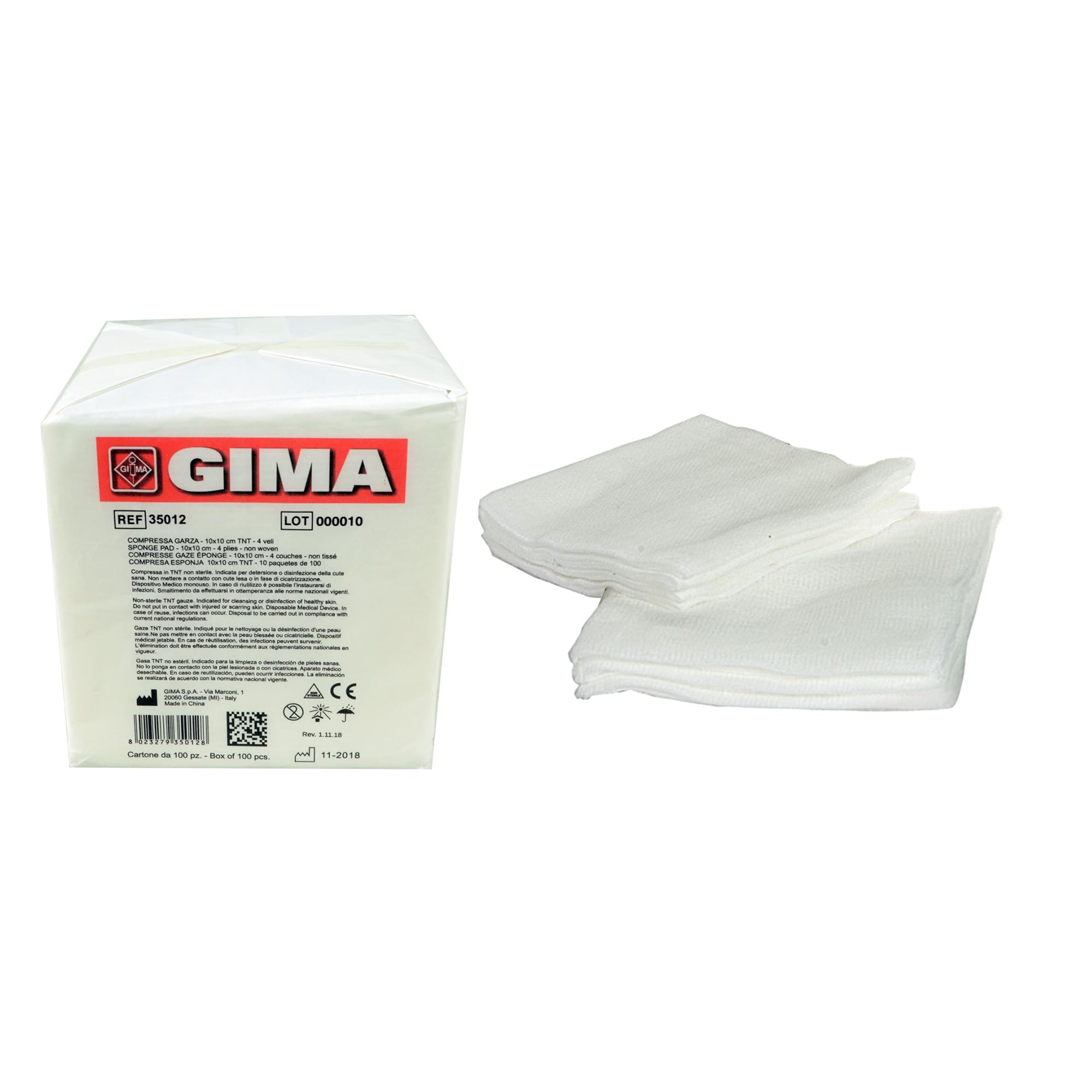 Gima - Compresse de gaze, 10x10cm, non tissée, 4 couches, 10 paquets de 100, 35012