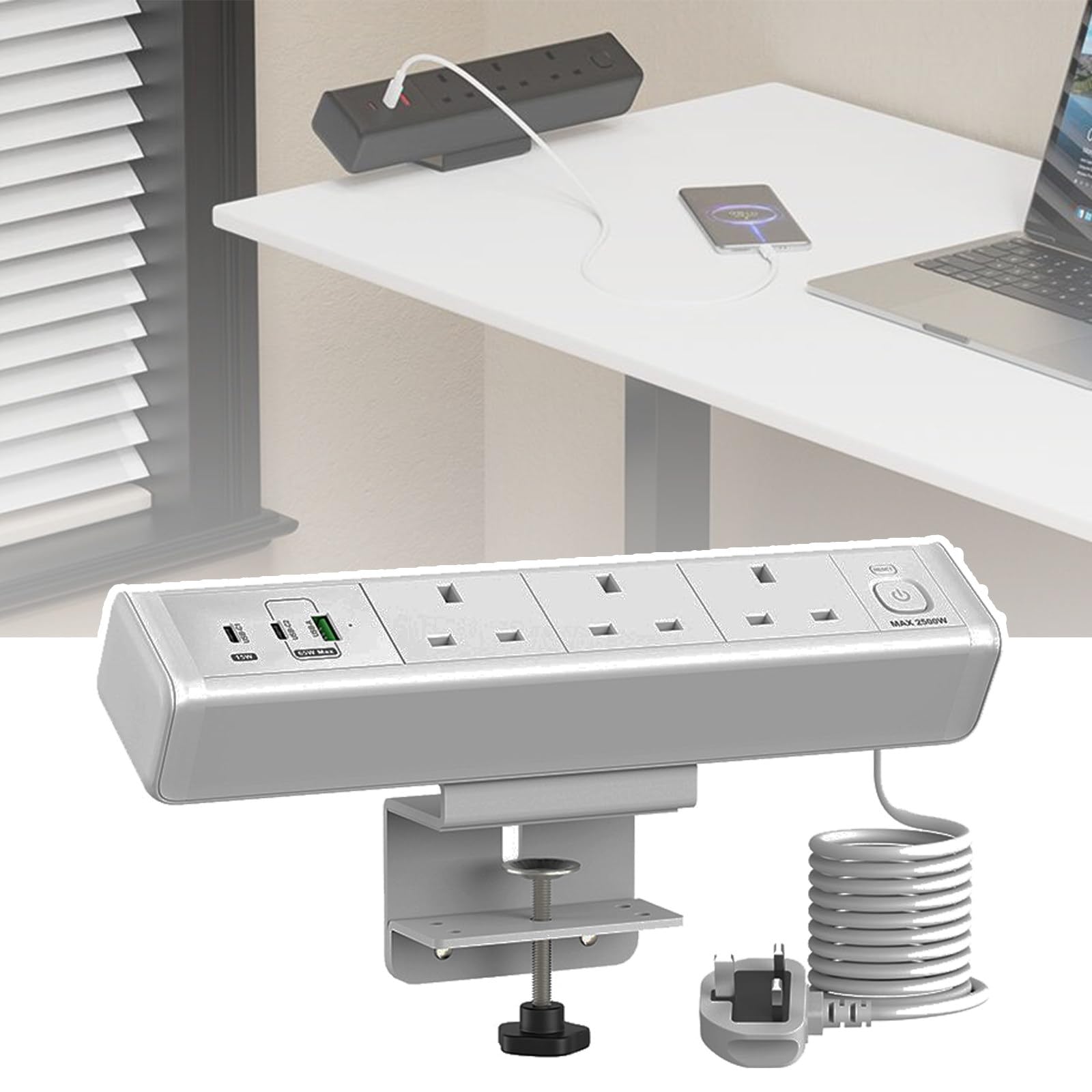 Presa Di Corrente Da Tavolo Con Usb, Multipresa Da Tavolo In Alluminio A 3 Vie Con Interruttore, 1 Porta Usb, 2 Porte Type-C E Cavo Da 1,5 M, Ufficio,White