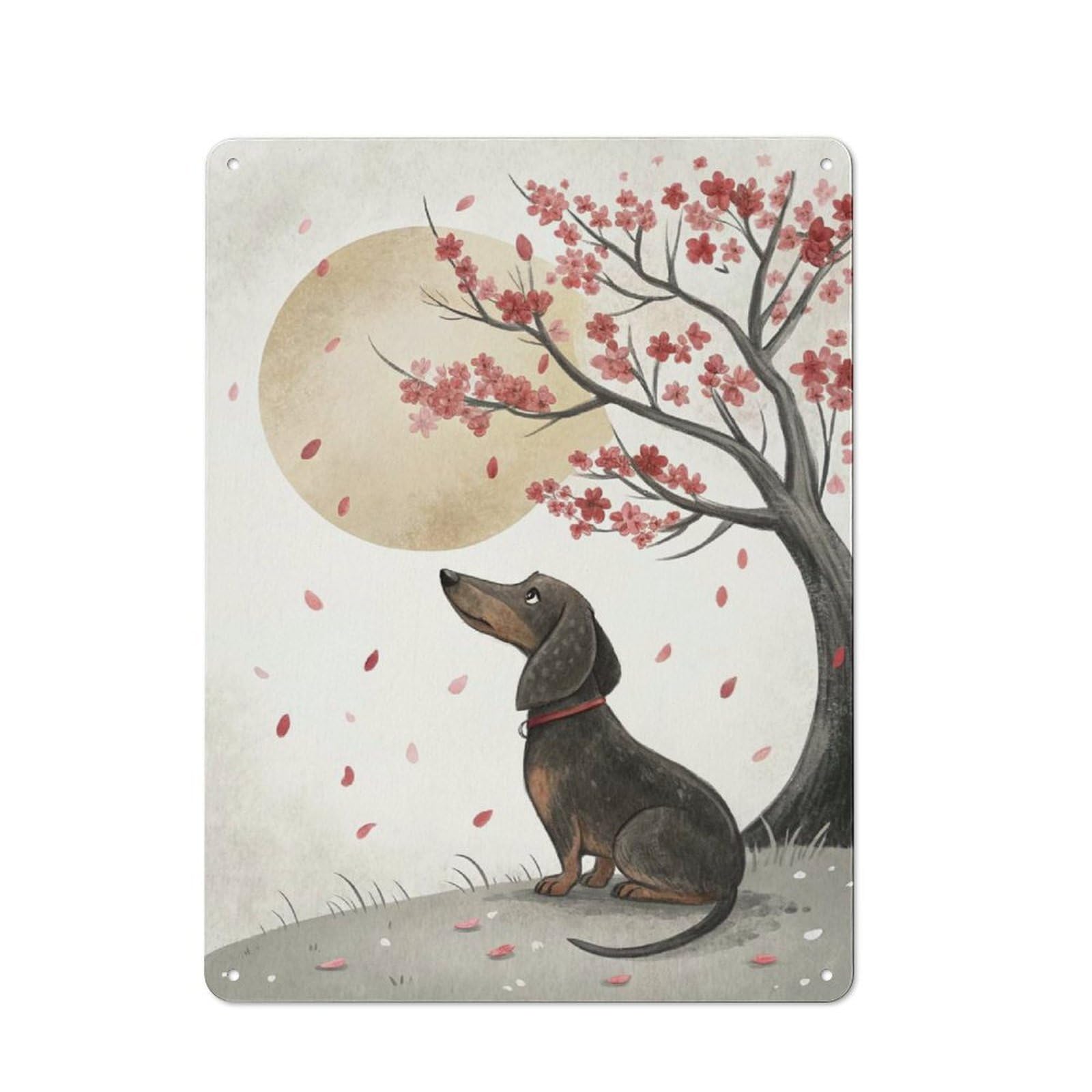 Junmoney Style-3 40X30cm Retro Metal Sign With Dachshund Under Cherry Blossoms For Living Room Or Hallway, For Living Room Decor Lovers Refreshing A Room In Autumn