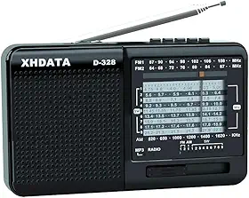 XHDATA D-328 Leitor de MP3 estéreo de rádio de ondas curtas AM FM DSP pequeno, pequeno, com bateria recarregável, fone de ouvido, alto-falante multimídia portátil com entrada de cartão micro SD USB