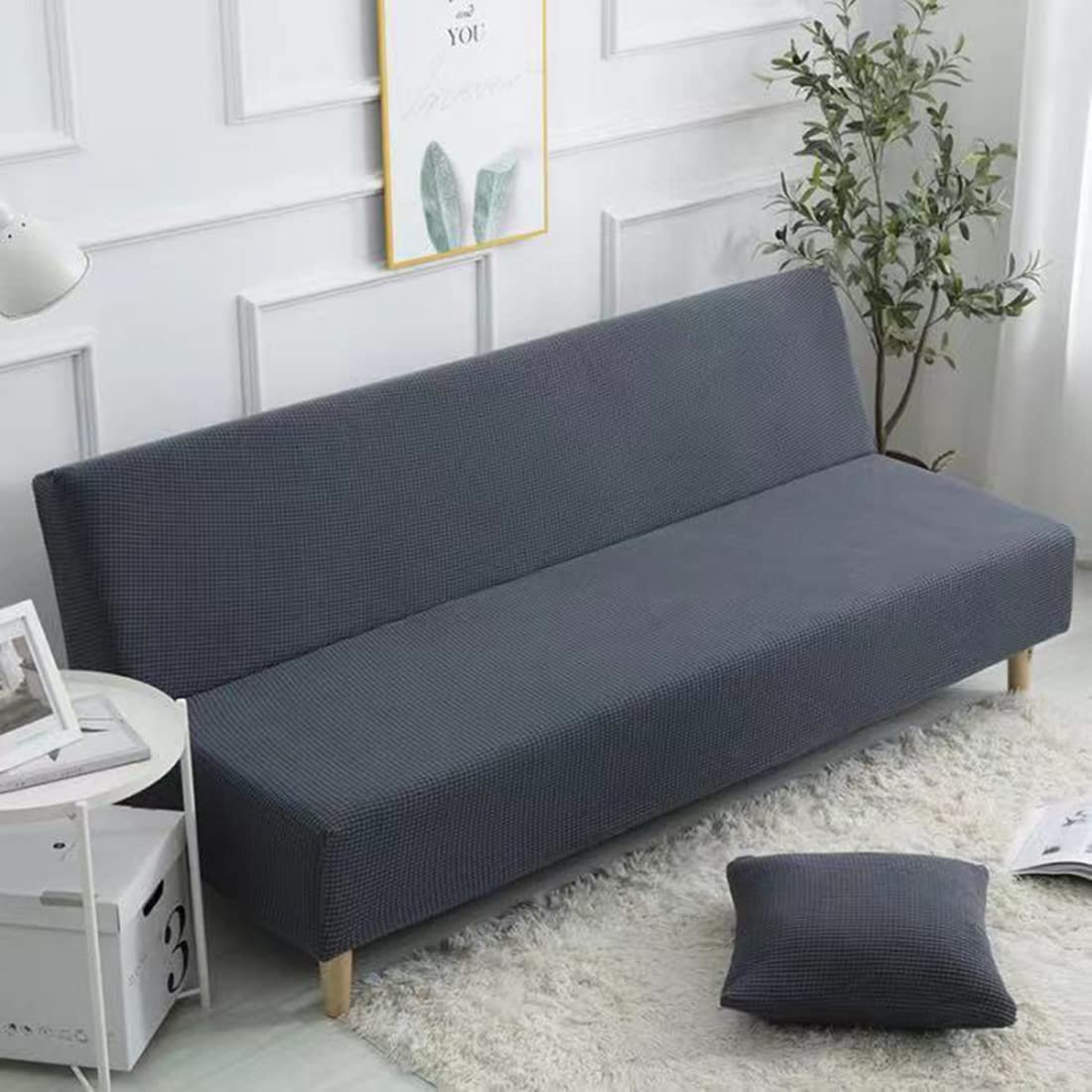 YOPOIY Stretch Futon Cover All-inclusive Thickening Armless Sofa Bed Cover Solid Color Anti-Slip Protector for Couch Without Armrests Universal -dark grey-140-160cm