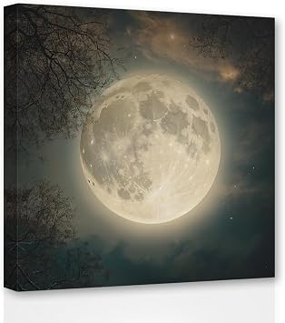 CCWACPP Full Moon Canvas Wall Art Moon and Tree Starry Sky Pictures Print Natural Landscape Living Room Decor Frame Moon - 2، 12.00 "x 12.00"