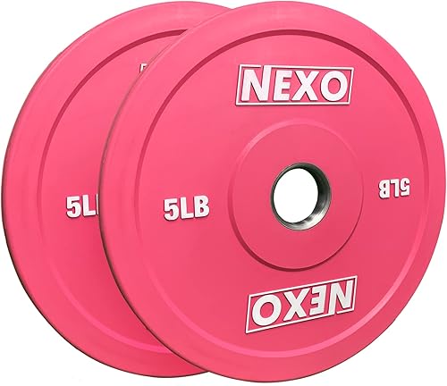 NEXO - Par de discos de parachoques de goma rosa de 5 libras, acabado mate de alta calidad, 2 placas de peso de entrenamiento cruzado de 5 libras