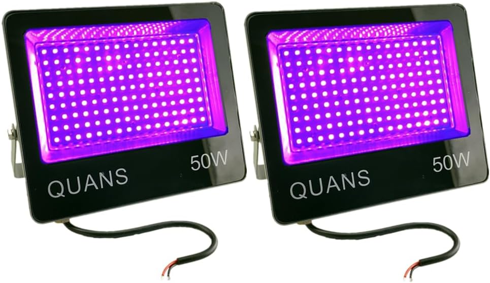 QUANS 2 Pack 50W 395nm 400nm IP66 LED Black Light for Halloween Stage Fishing UV Glue Curing Fluorescent Body Paint Glow in Dark Low Voltage 12V 24V DC AC