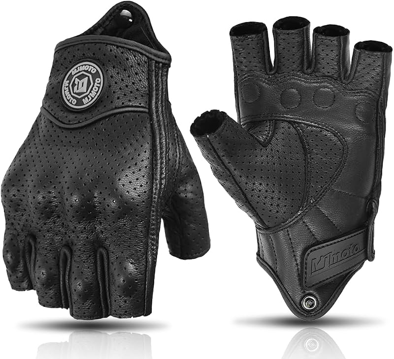 Classic Vintage Perforation Leather Motorcycle Gloves Half Finger Protected Moto Motocross Racing Glove Fingerless Summer Black