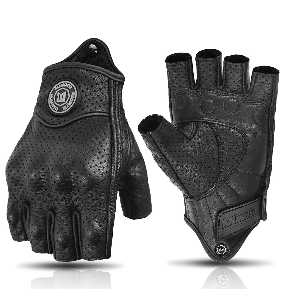 Classic Vintage Perforation Leather Motorcycle Gloves Half Finger Protected Moto Motocross Racing Glove Fingerless Summer Black