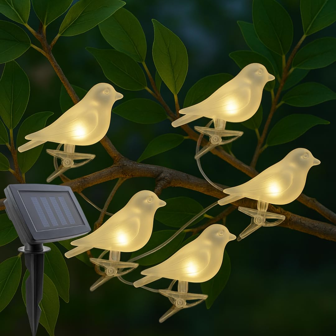 Solar Bird String Lights, 5 Clip-On Birds, 320cm Length, Rotating Clips, Weatherproof, Warm White LEDs, Solar Panel with Stake, Outdoor Garden Decor
