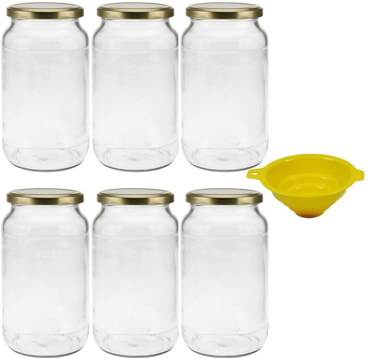 mikken Lot de 6 bocaux de Conservation de 1 Litre avec Bouchon à vis doré + Entonnoir
