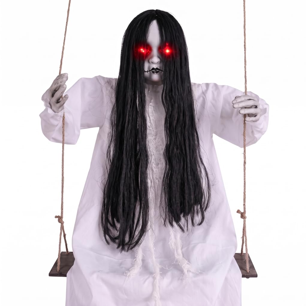 Yeaxxsqy Scary Halloween Decorations, Sound & Touch Activated Swinging Ghost Outdoor Decor, White